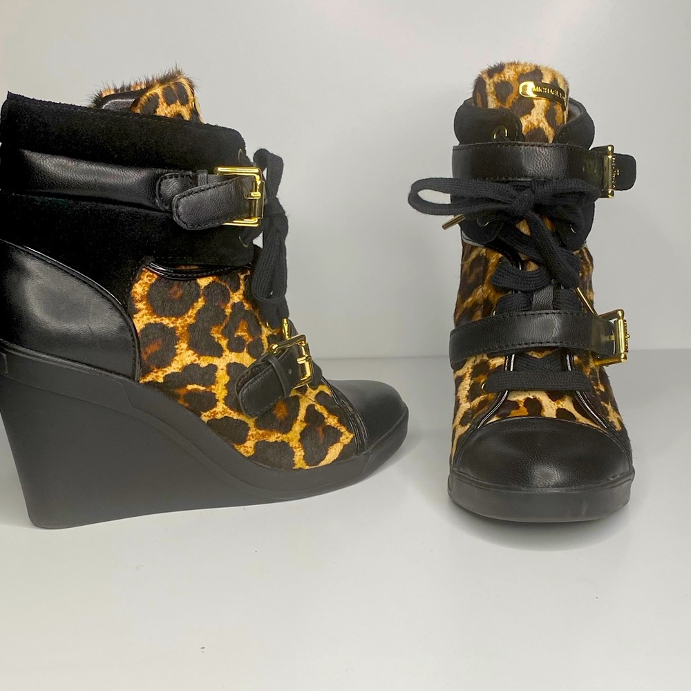 Leopard print calf hair wedge sneaker.
